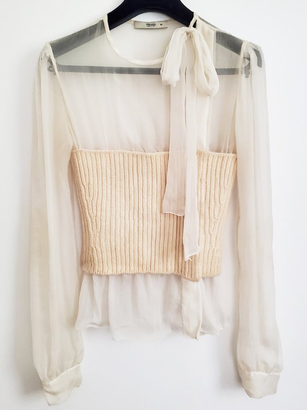 Prada Ivory Silk Chiffon Panelled Blouse Cashmere Corset Size 42